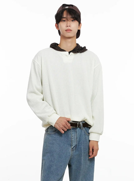 mens-henley-neck-sweatshirts-io516 / Light beige