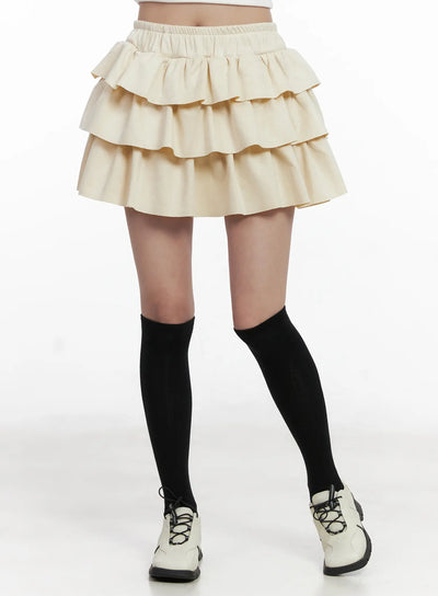 ruffled-tiered-mini-skirt-cn526 / Light beige