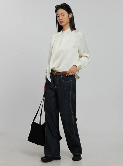 flowy-neck-tie-blouse-ij509 / Light beige