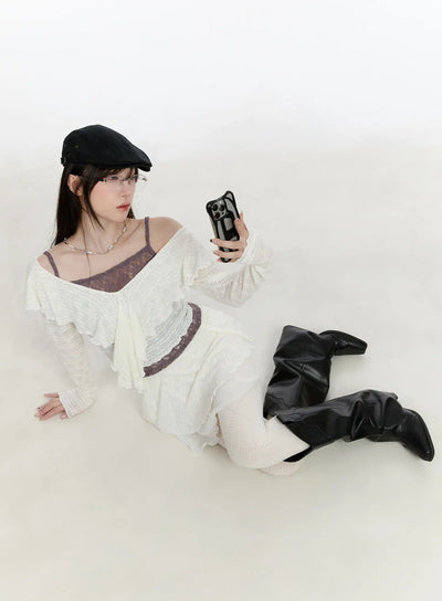 frilled-layered-off-shoulder-blouse-ca503 / Light beige