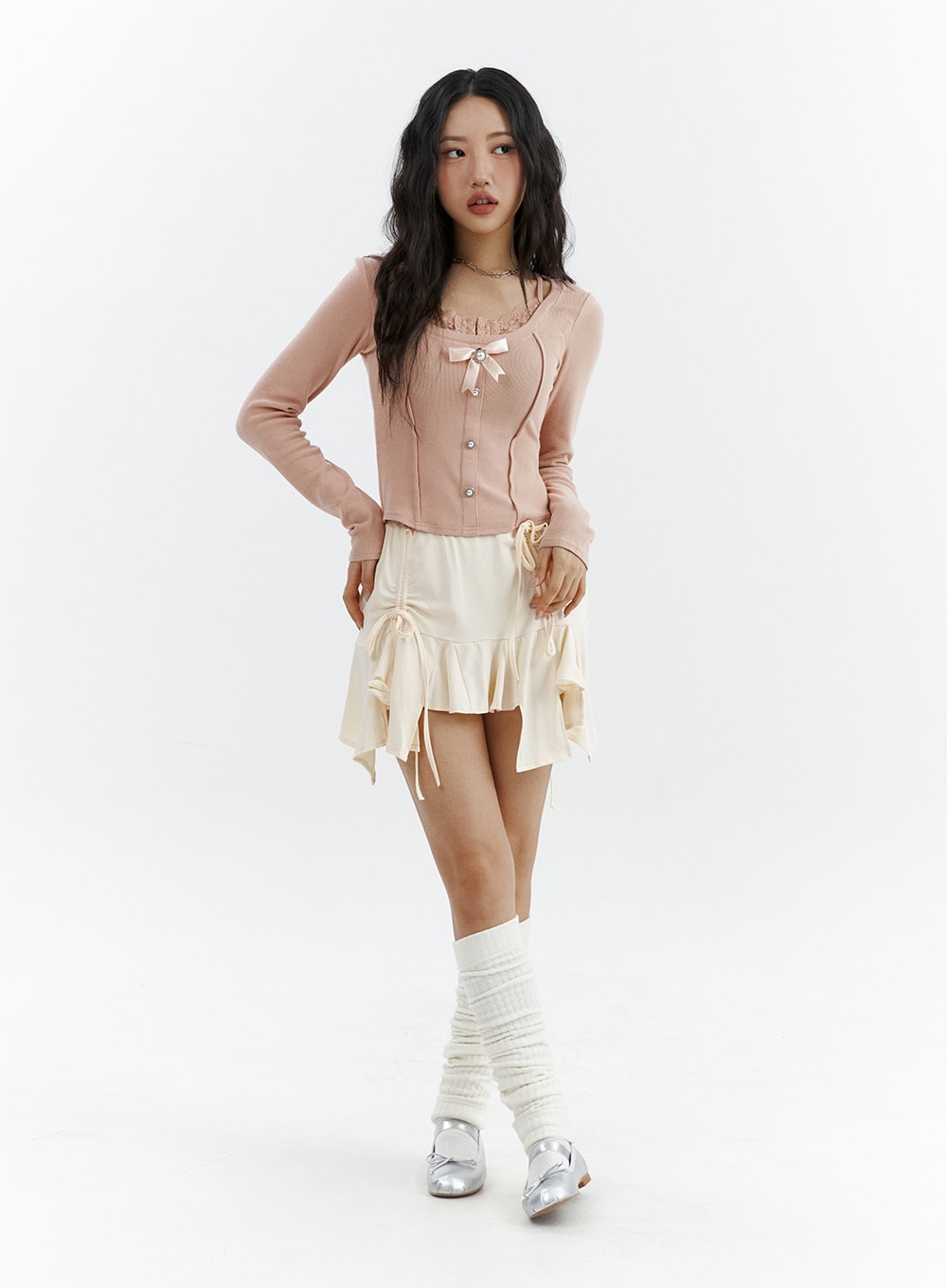 ribbon-ruffle-high-waist-mini-skirt-cj425 / Light beige