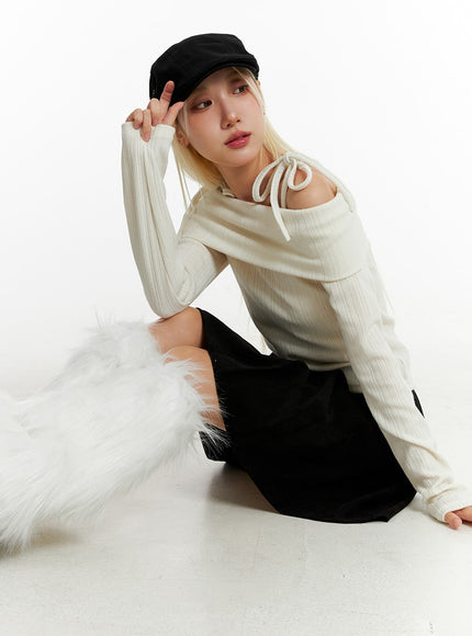 ribbed-off-shoulder-long-sleeve-top-id315 / Light beige
