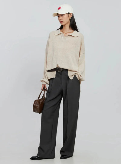 oversized-collar-knit-top-in507 / Light beige