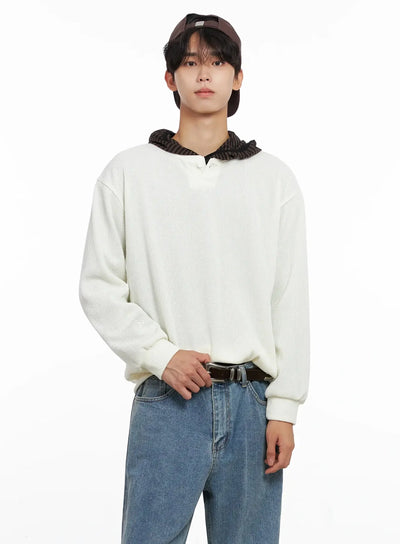 mens-henley-neck-sweatshirts-io517 / Light beige