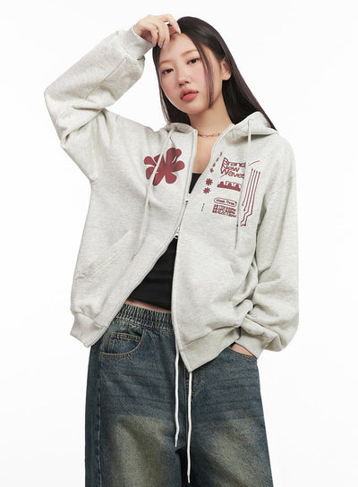 graphic-zip-up-hooded-jacket-im524 / Light beige