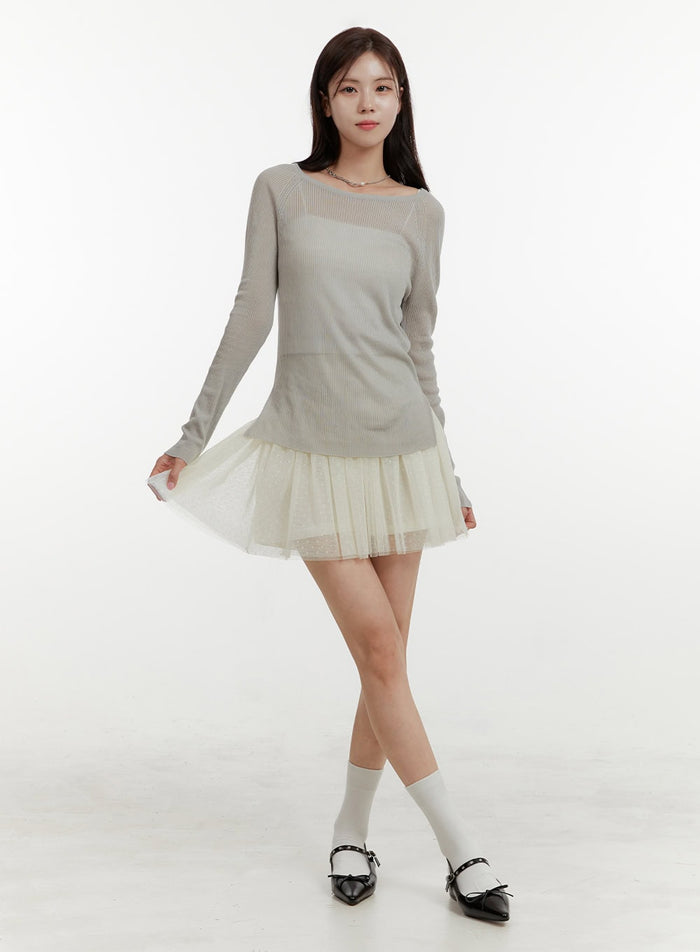 mesh-polka-dot-ruffle-hem-mini-skirt-oy409 / Light beige