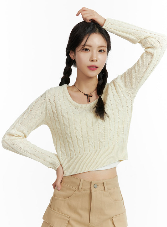 round-neck-crop-cable-sweater-of408 / Light beige