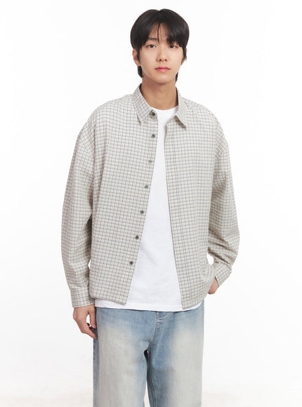 mens-loose-fit-checkered-collared-shirt-ia510 / Light beige