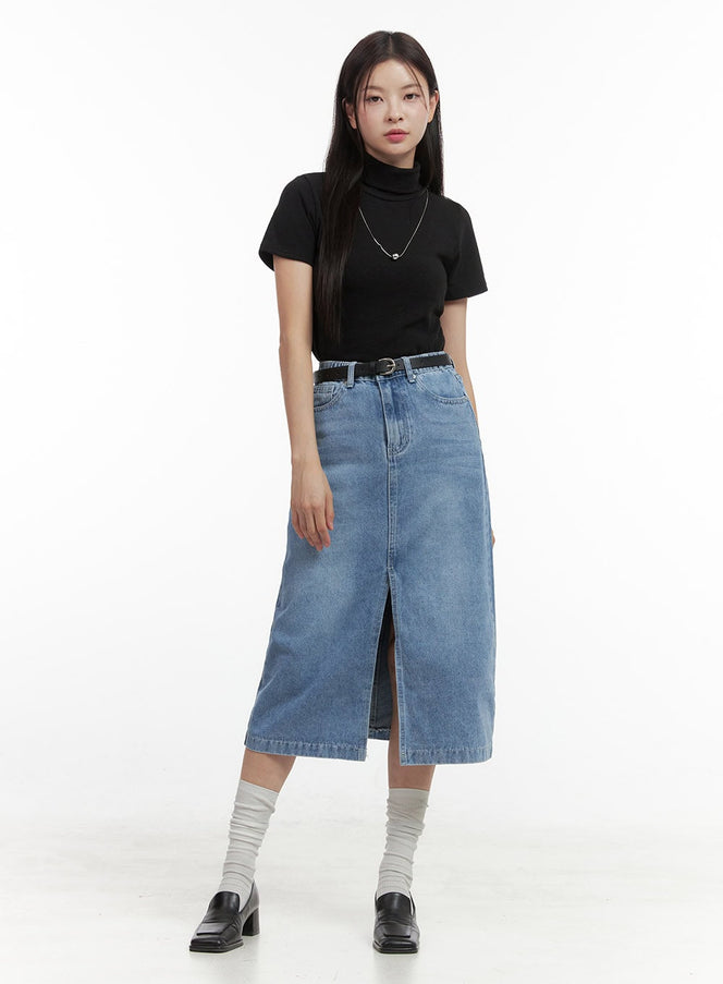 denim-slit-midi-skirt-oo416 / Light blue