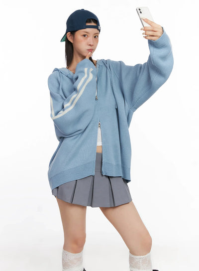 striped-sleeve-casual-hoodie-is515 / Light blue