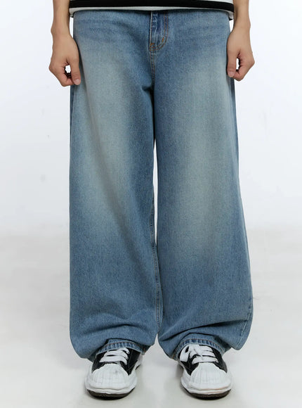mens-casual-wide-leg-washed-jeans-ig519 / Light blue