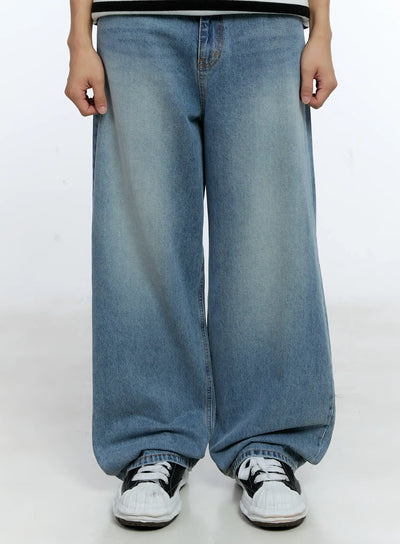 mens-casual-wide-leg-washed-jeans-ig519 / Light blue