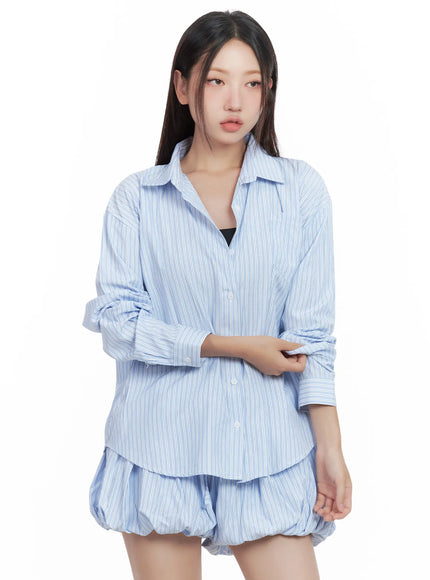 striped-loose-fit-button-up-shirt-cl509 / Light blue