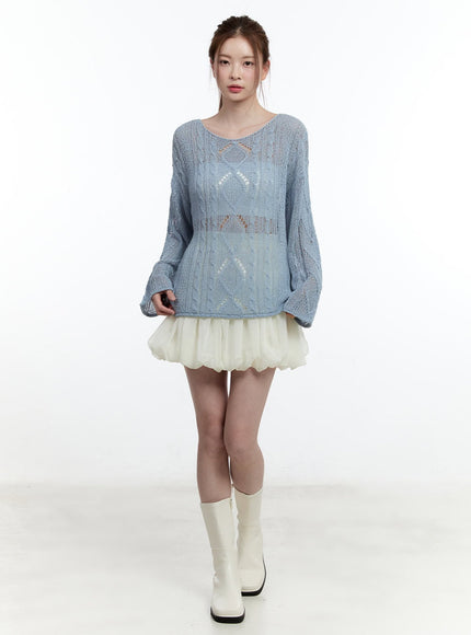 cable-knit-sheer-loose-fit-sweater-cm521 / Light blue