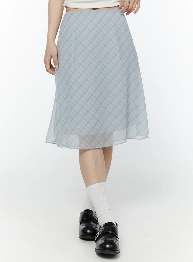chiffon-flare-plaid-midi-skirt-iy507 / Light blue
