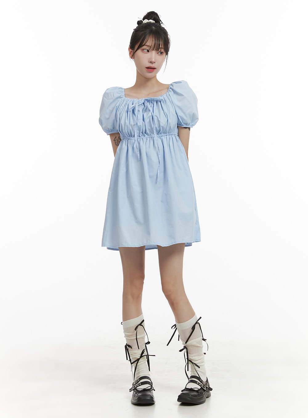 puff-sleeve-shirred-mini-dress-oa426 / Light blue