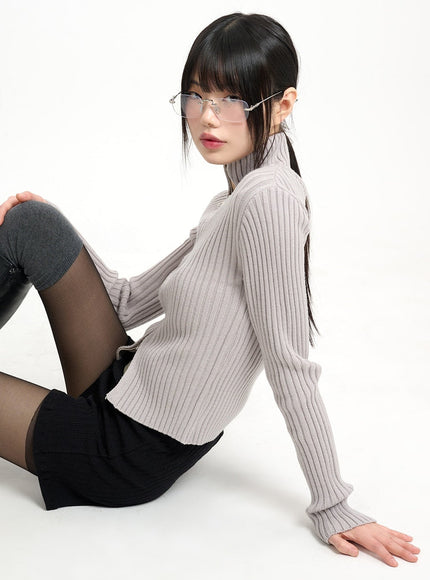 wool-blend-knit-zipper-long-sleeve-collared-top-cm415 / Light gray