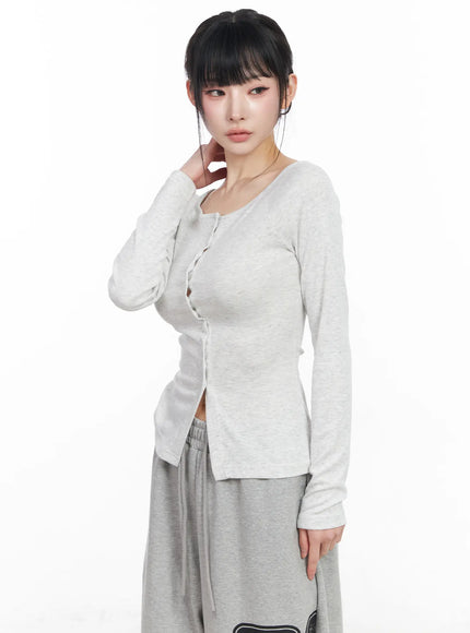 off-shoulder-button-up-long-sleeve-top-cf518 / Light gray