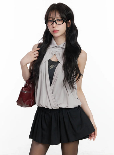 chic-drape-collar-sleeveless-top-cj526 / Light gray