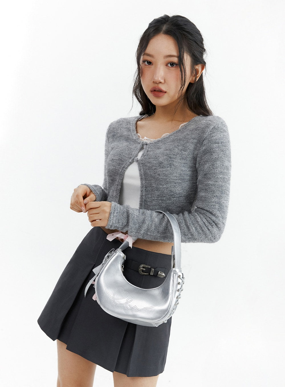 metallic-shoulder-bag-with-ribbon-decor-ij419 / Light gray