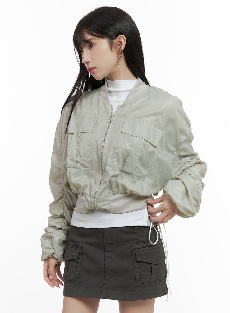 string-shirred-crop-jacket-cs419 / Light green