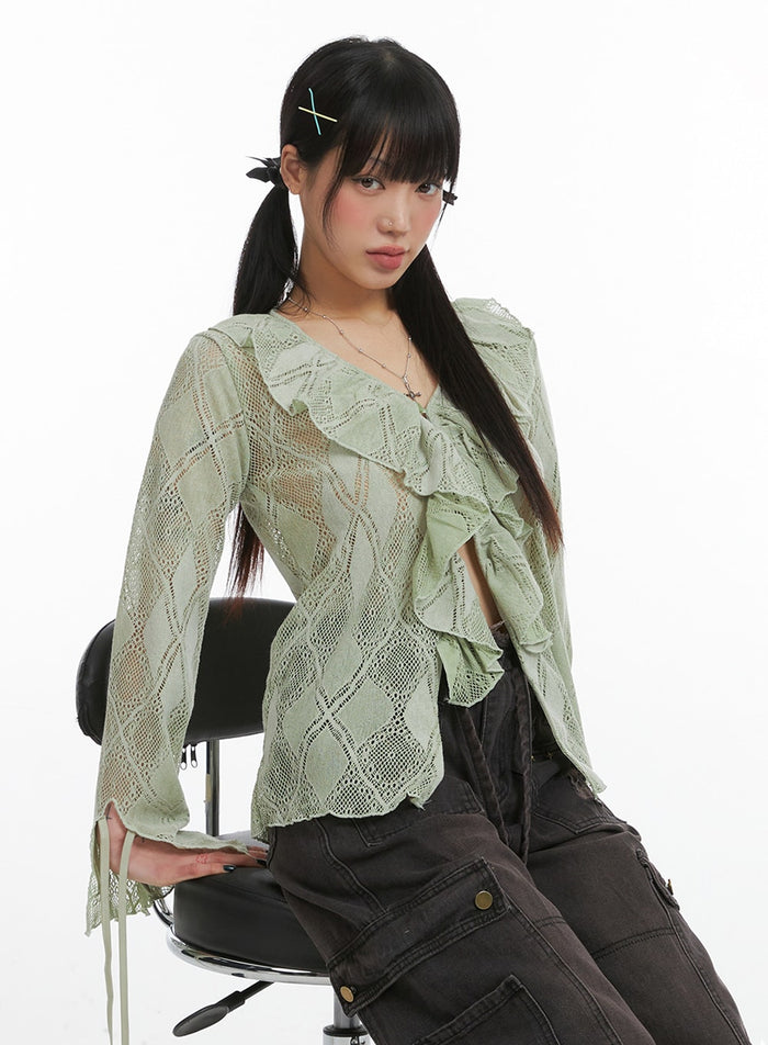 frill-hollow-out-knitted-cardigan-ij411 / Light green