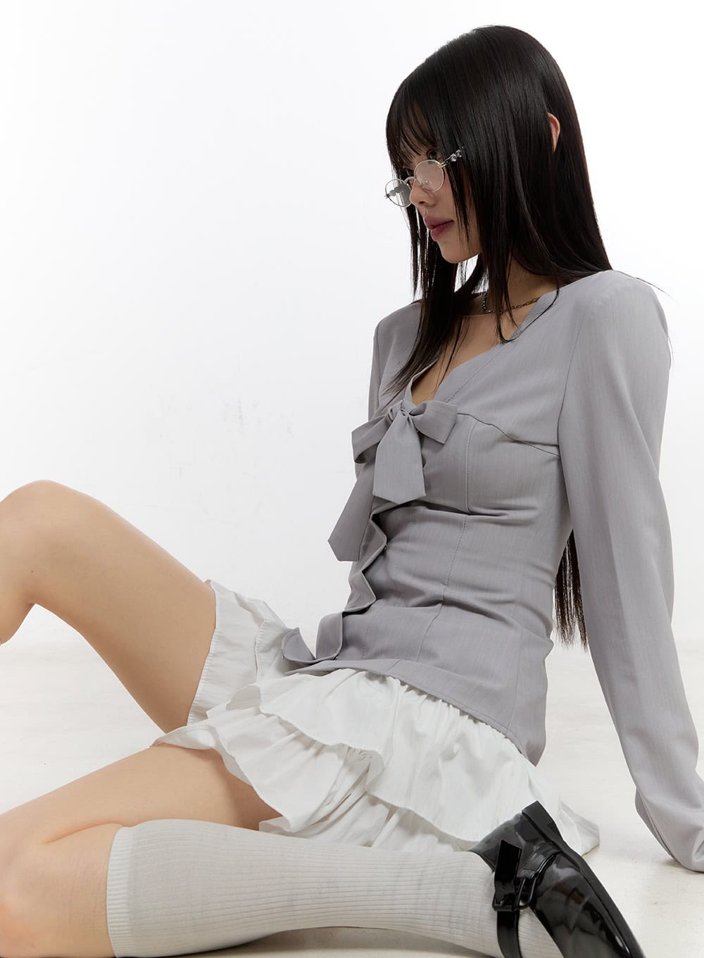 ribbon-tie-v-neck-blouse-top-ca509 / Light purple