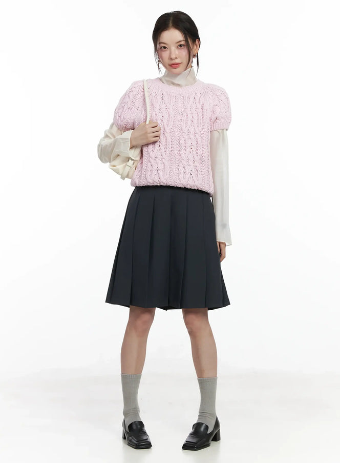 cable-knit-short-sleeve-top-if524 / Pink