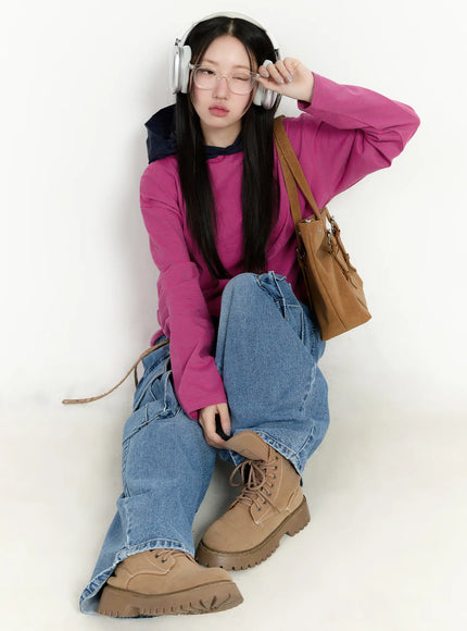 two-tone-striped-oversized-hoodie-cm511 / Pink