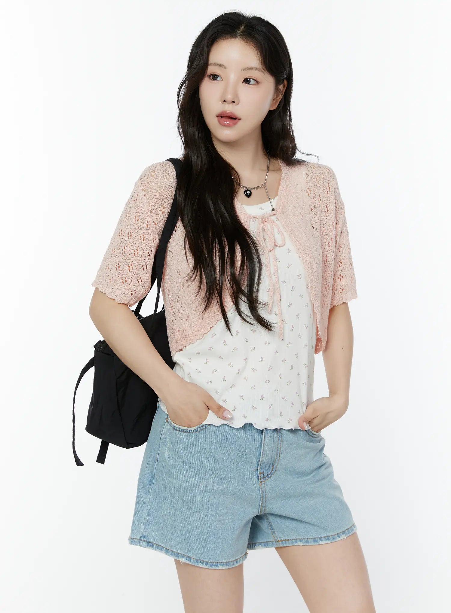 half-sleeve-lace-knit-cardigan-iy507 / Pink