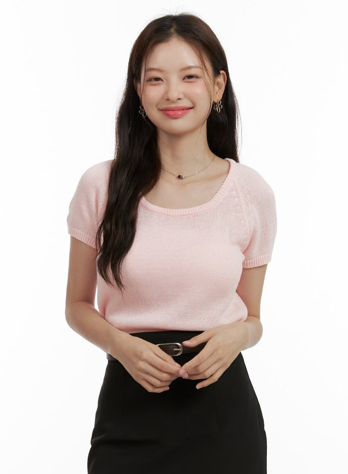 round-neck-short-sleeve-knit-top-ou411 / Pink