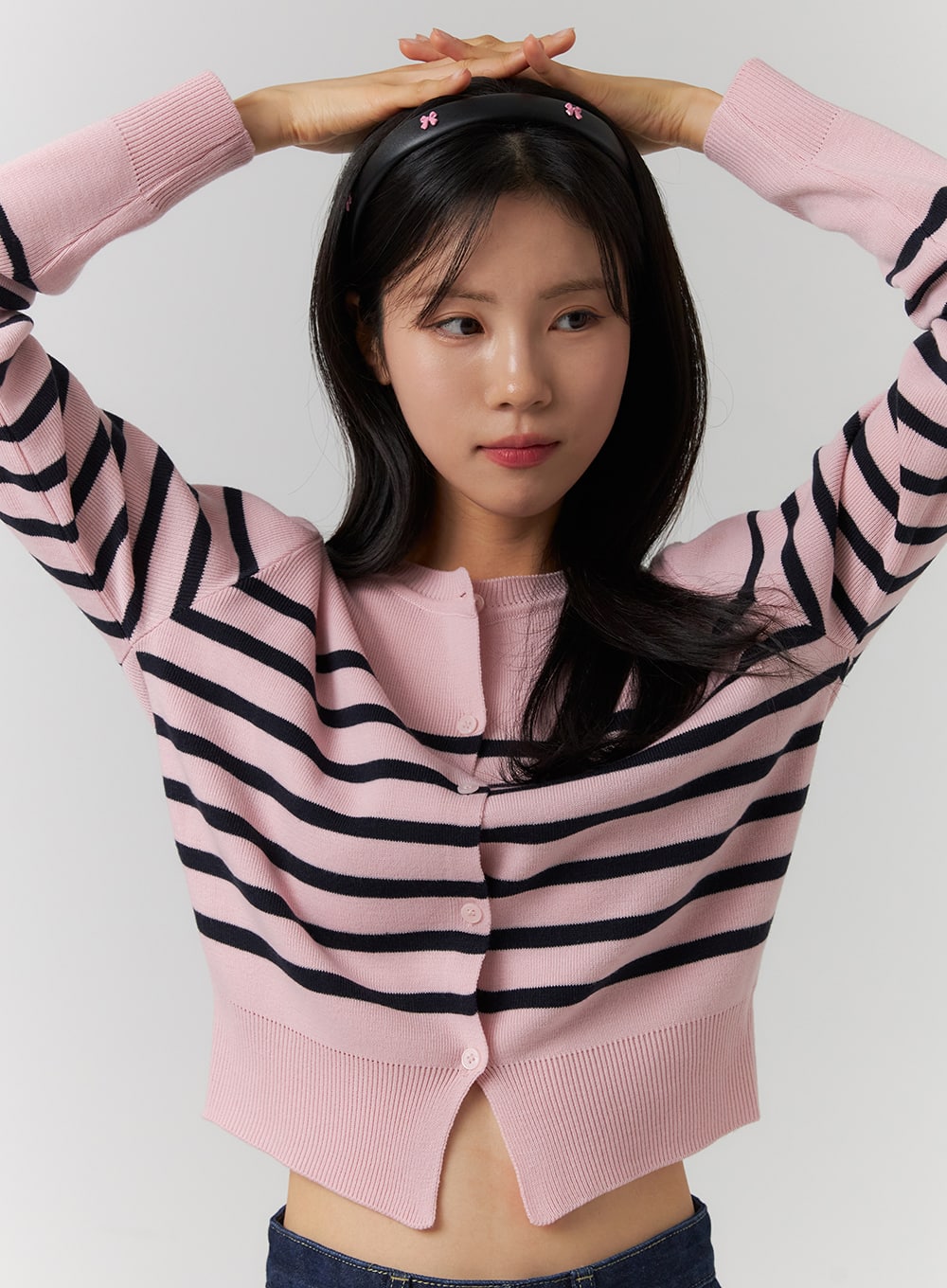 round-neck-striped-knit-cardigan-oj423 / Pink