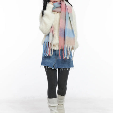 soft-checkered-wide-scarf-cn513 / Pink