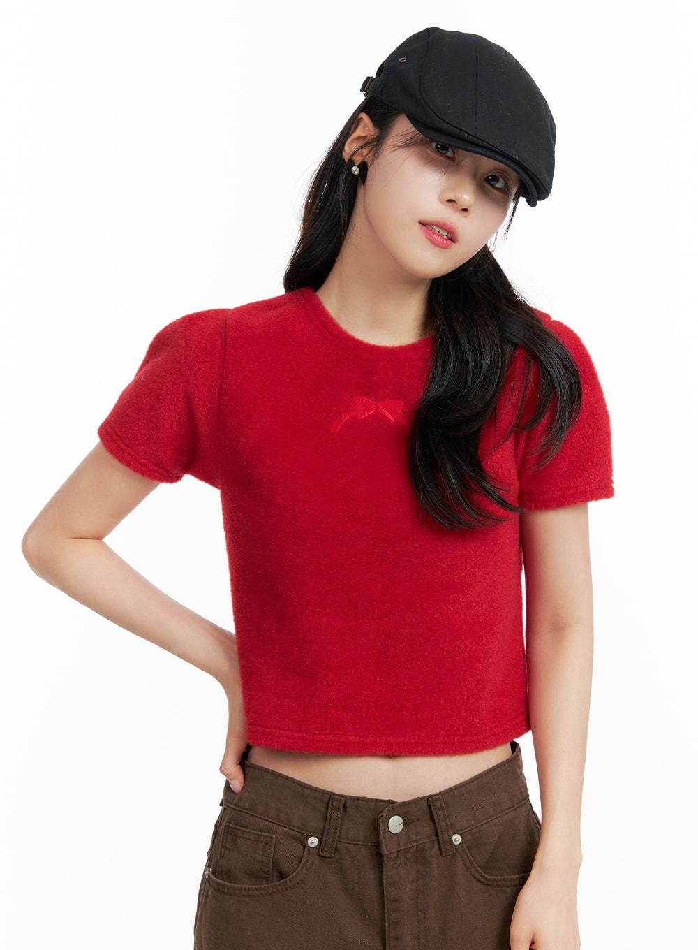 ribbon-embroidered-crop-top-of415 / Red