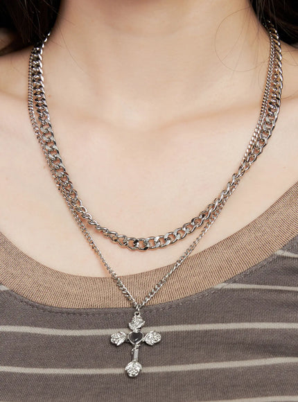 layered-rose-heart-cross-pendant-necklace-cg526 / Silver