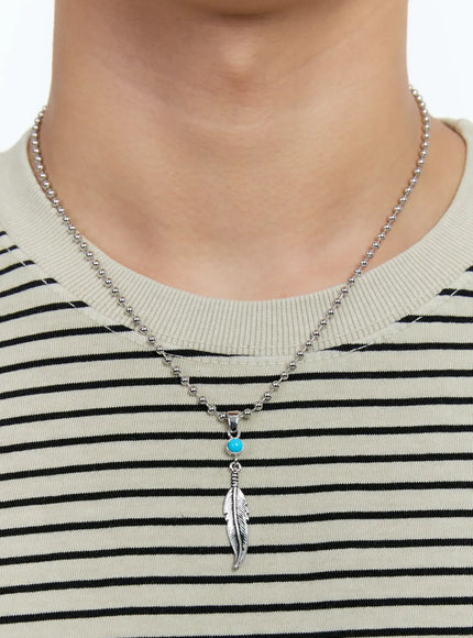 mens-turquoise-feather-pendant-necklace-ig519 / Silver