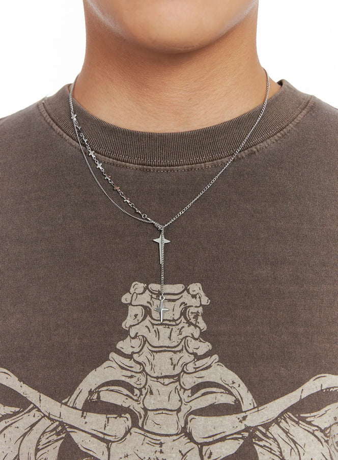 mens-double-layer-chain-necklace-is502 / Silver