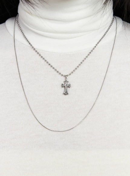 layered-geometric-pendant-necklace-cd530 / Silver