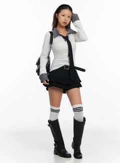 checkered-collar-top-in528 / White