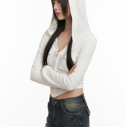 cropped-v-neck-zip-up-hoodie-cd426 / White