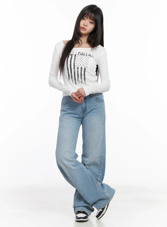 graphic-flag-print-long-sleeve-top-cm512 / White