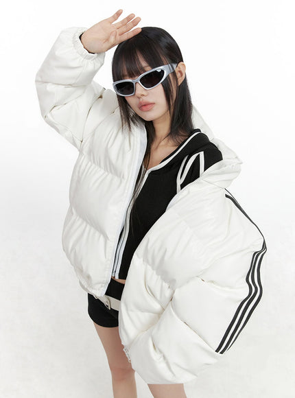 oversized-stripe-leather-padded-coat-io430 / White