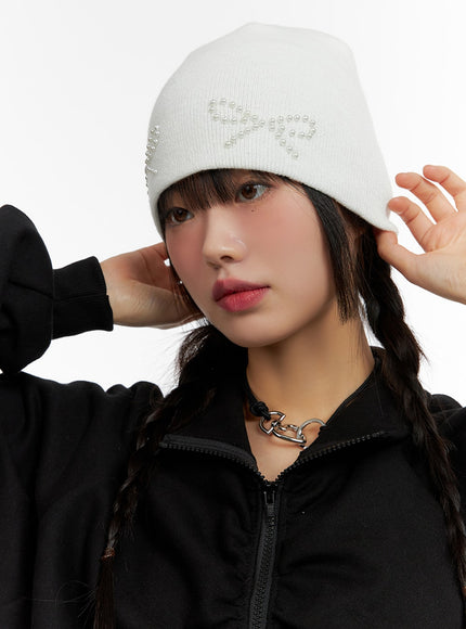 ribbon-beaded-beanie-if421 / White