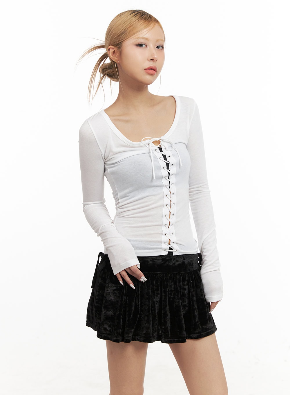 eyelet-lace-up-long-sleeve-top-cd426 / White