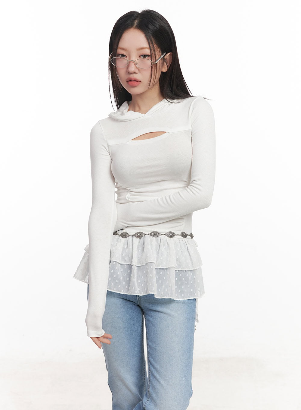 shirred-cut-out-crop-hoodie-top-ca521 / White