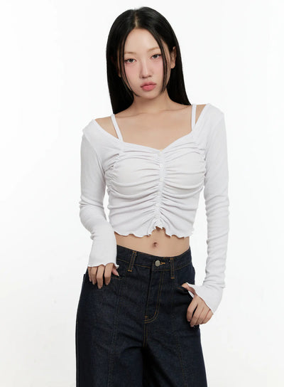 off-shoulder-ruched-long-sleeve-top-cn506 / White