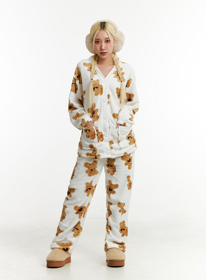 fleece-bear-cardigan-and-trousers-loungewear-set-id313 / White