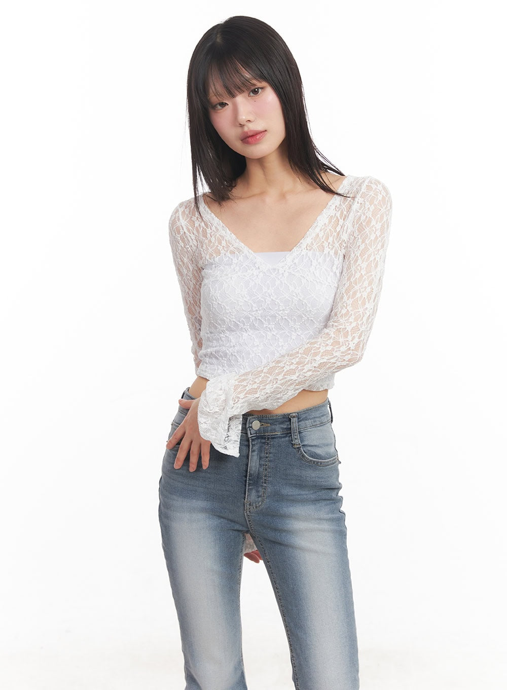 sheer-lace-long-sleeve-crop-top-ca522 / White