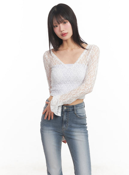 sheer-lace-long-sleeve-crop-top-ca522 / White
