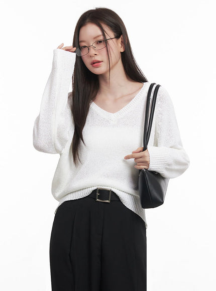 sheer-v-neck-sweater-top-iy509 / White